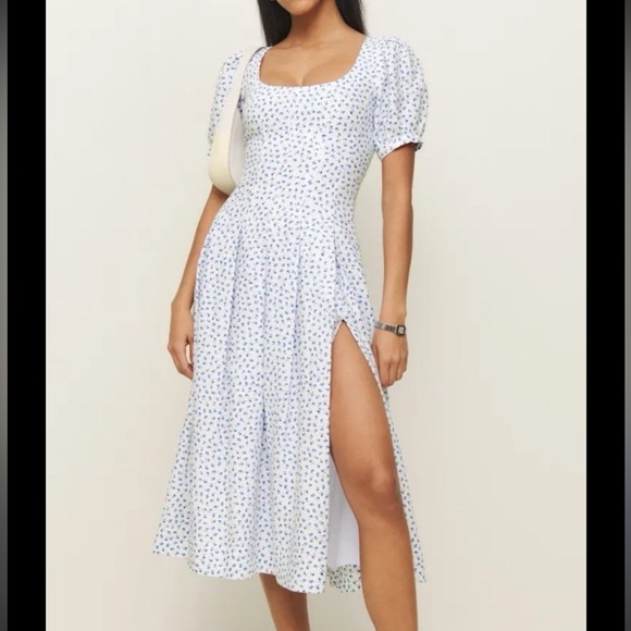 Reformation Dresses & Skirts - Reformation White Midi Skirt with Blue Floral Print and Side Slit
